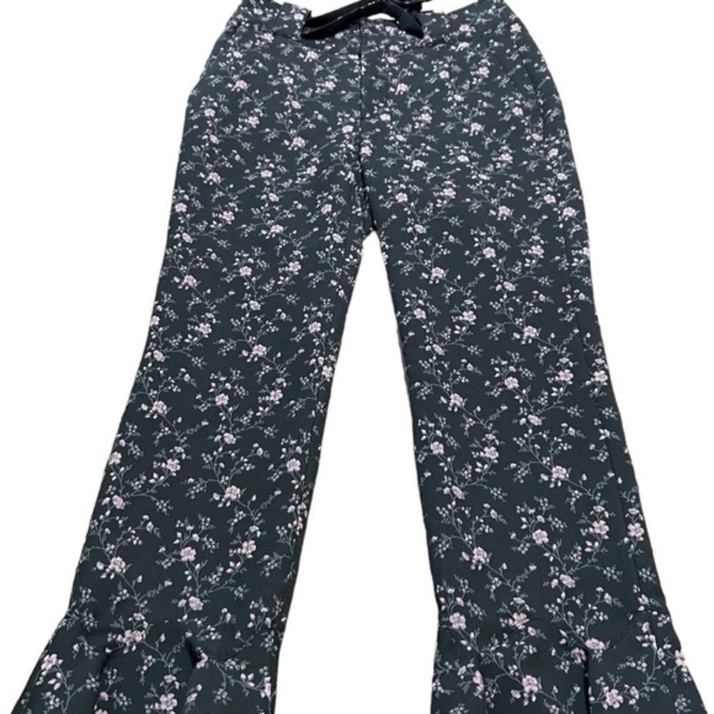 Rebecca Taylor Floral Jacquard Navy Blue Flounce Hem Pants Size 4